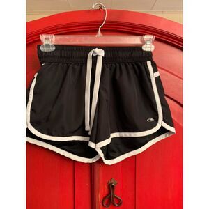 Women's Medium Champion Brand Running Shorts Black White Trim Embroidered EUCECU